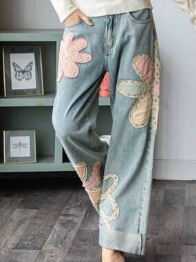 NWT Oh Jeans by Oli and Hali Vintage Washed Flower Patchwork Denim Jeans  XL